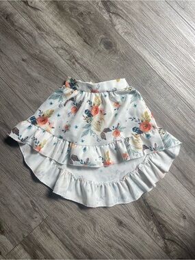 Floral Ruffled High-Low Skirt in White with Coral and Teal Blooms